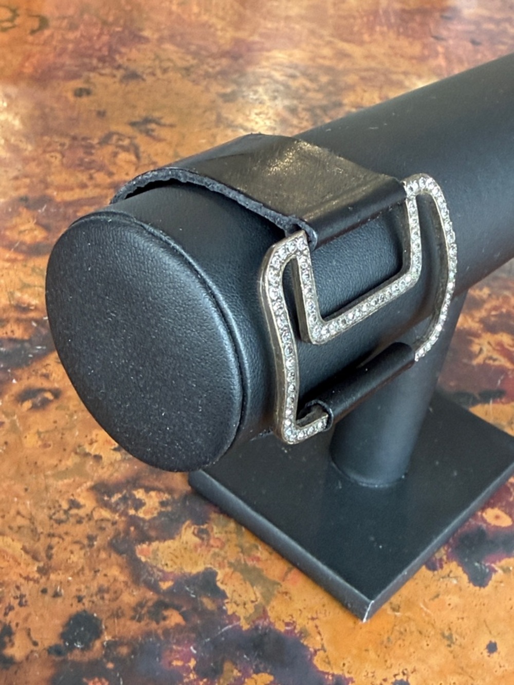 Black Leather Cuff Bracelet with Crystal-Embellished Bronze Buckle 2 Snap Close - Picture 6 of 11